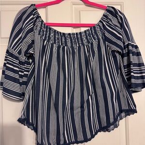 True Craft Blue and White Smocked Blouse with 3/4 Sleeves